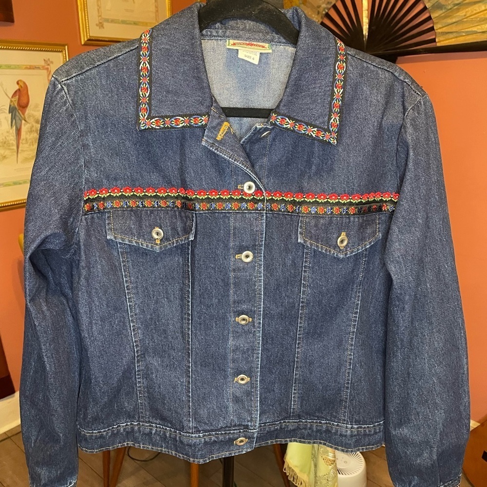 Vintage Y2K 90s Pine Cove by Sharon Young Denim Jacket ribbon & embroidered S/M